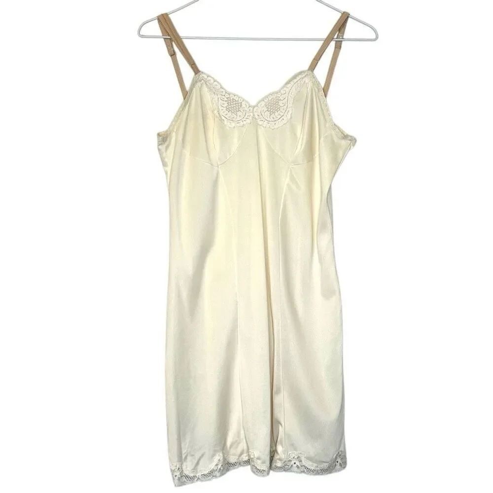 Vintage Maidenform Lace Trim Full Slip Satin Ivory Cream Slip Dress Size Small